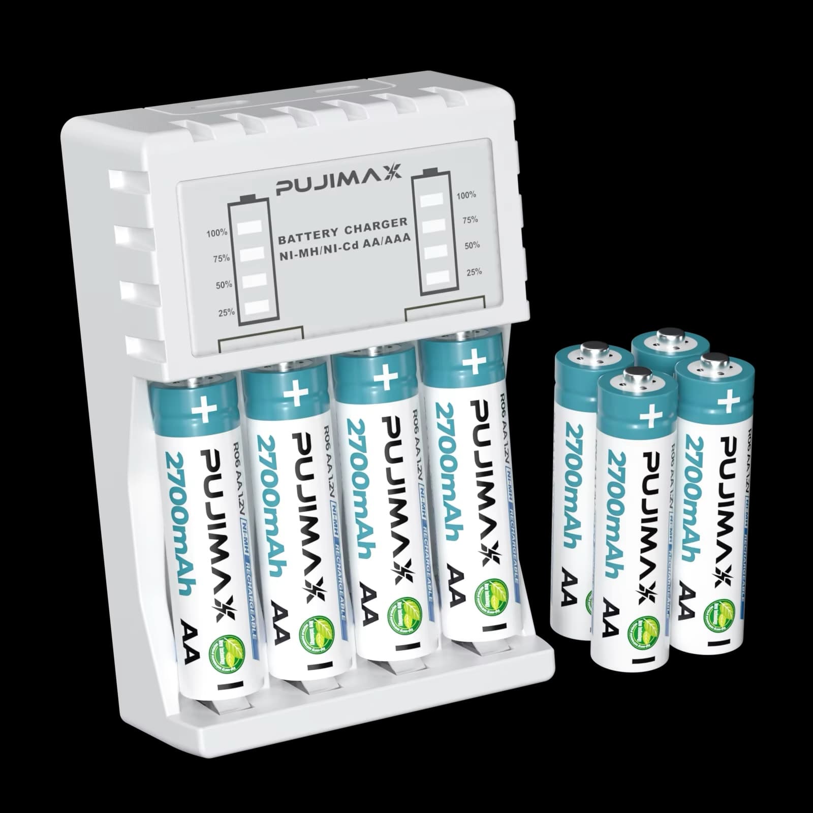 PUJIMAX battery charger supplied together with rechargeable AA cells
